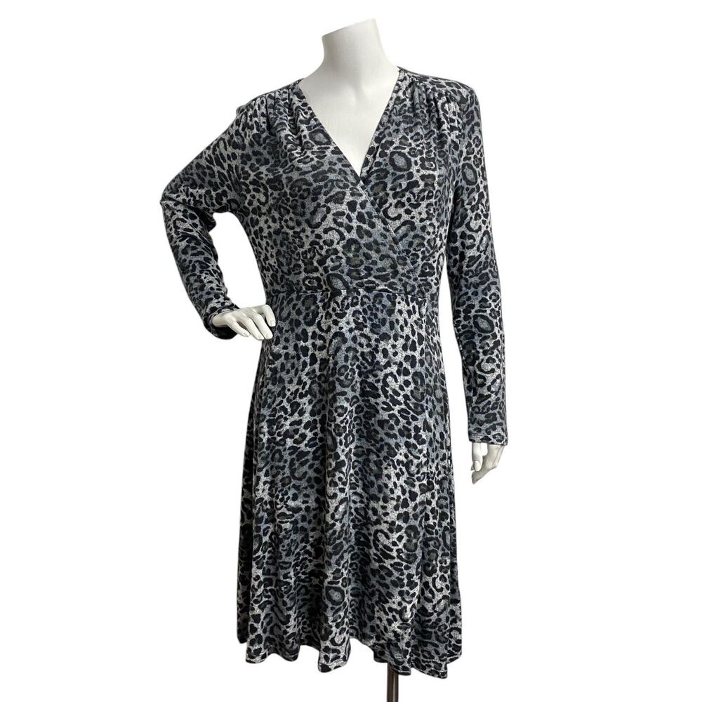 SPENSE Large Faux Wrap Heather Gray Animal Print Dress Casual Dinner Romantic 3